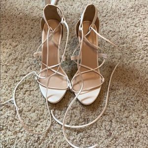 Prettylittlething white lace up high heels